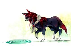 Rule 34 | 1girl, animal ears, animalization, brooch, cis (carcharias), imaizumi kagerou, imaizumi kagerou (wolf), jewelry, no humans, puddle, red eyes, red hair, scarf, solo, tail, touhou, wolf, wolf ears, wolf tail