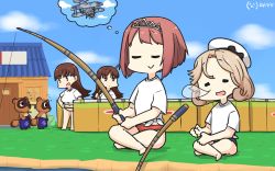 Rule 34 | 4girls, aircraft, airplane, animal crossing, ark royal (kancolle), bikini, bikini bottom only, bikini under clothes, biplane, blonde hair, blue sky, blunt bangs, bob cut, brown eyes, brown hair, closed eyes, cloud, commentary request, crossover, dated, day, dreaming, dual persona, fairey swordfish, fence, fishing line, fishing rod, hairband, hamu koutarou, hands on own hips, hat, highres, holding, holding fishing rod, house, indian style, janus (kancolle), kantai collection, long hair, multiple girls, nintendo, nose bubble, one-hour drawing challenge, ooi (kancolle), outdoors, parted bangs, red hair, sailor hat, shirt, short hair, sitting, sky, sleeping, swimsuit, swimsuit under clothes, tanuki, tiara, tied shirt, timmy (animal crossing), tommy (animal crossing), white headwear, white shirt, x navel
