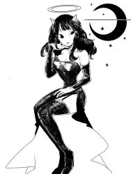 Rule 34 | 1girl, alice (bendy and the ink machine), bare shoulders, bendy and the ink machine, black hair, boots, breasts, cleavage, detached sleeves, dress, high heel boots, high heels, horns, large breasts, long hair, moon, solo, thigh boots