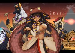 Rule 34 | 1boy, 1other, 2girls, animal head, beret, bird, black hair, black nails, blunt bangs, breasts, brown shirt, cat girl, character name, cleavage, cleavage cutout, clothing cutout, cobra (animal), dark skin, detached sleeves, dog boy, earrings, egyptian, egyptian clothes, empty eyes, eyeshadow, fangs, furry, furry female, furry male, glowing, glowing eyes, hat, holding, impossible clothes, jewelry, lamia, large breasts, looking at viewer, makeup, medium breasts, midriff, military, monster girl, multiple girls, navel, original, ornament, personification, purple eyeshadow, red eyes, ring, ryuu tou, shirt, sky, slit pupils, snake tail, tail, tongue, tongue out, white shirt, yellow eyes