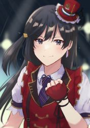 Rule 34 | 1girl, absurdres, artist name, artist request, black hair, blue hair, blush, breasts, chase (love live!), clenched hand, collared shirt, dark blue hair, dress shirt, earrings, female focus, fingerless gloves, gloves, grey eyes, hair ornament, hairclip, half gloves, hat, highres, jewelry, long hair, looking at viewer, love live!, love live! nijigasaki high school idol club, love live! school idol festival, mini hat, mini top hat, necktie, parted lips, ponytail, puffy short sleeves, puffy sleeves, purple neckwear, red gloves, red hat, red shirt, red vest, ribbon, shirt, short sleeves, side ponytail, small breasts, smile, solo, suspenders, top hat, triangle earrings, upper body, vest, wing collar, yuki setsuna (love live!)