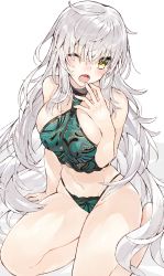 Rule 34 | 1girl, absurdres, ahoge, bad id, bad twitter id, bare shoulders, blush, breasts, fate/grand order, fate (series), green panties, halterneck, highres, jeanne d&#039;arc (fate), jeanne d&#039;arc alter (avenger) (fate), jeanne d&#039;arc alter (fate), kou mashiro, large breasts, long hair, looking at viewer, navel, one eye closed, open mouth, panties, silver hair, simple background, solo, thighs, underwear, very long hair, white background, yawning, yellow eyes