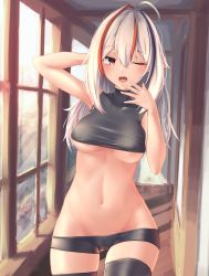 Rule 34 | 1girl, absurdres, ahoge, arms up, bare arms, bike shorts, black thighhighs, breasts, cameltoe, cleft of venus, commentary request, crop top, fang, grey hair, hair between eyes, highres, huge filesize, inaba teitoku, indoors, long hair, medium breasts, multicolored hair, navel, one eye closed, open mouth, original, red eyes, red hair, short shorts, shorts, solo, standing, streaked hair, thigh gap, thighhighs, two-tone hair, window, wooden floor, yawning