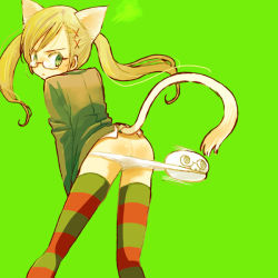 Rule 34 | 1girl, america (hetalia), animal ears, ass, assisted exposure, axis powers hetalia, bad id, bad pixiv id, blonde hair, blush, body blush, butt crack, cat ears, cat tail, cosplay, from behind, genderswap, genderswap (mtf), glasses, green background, green eyes, hair ornament, hairclip, katagiri atsuko, kemonomimi mode, leaning forward, long hair, long sleeves, looking back, lynette bishop, lynette bishop (cosplay), panties, panty pull, semi-rimless eyewear, solo, strike witches, striped clothes, striped thighhighs, sweatdrop, tail, thighhighs, twintails, under-rim eyewear, underwear, united kingdom (hetalia), white panties, world witches series