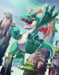 Rule 34 | blue skin, blue tail, colored skin, digimon, digimon (creature), dracomon, dragon, enrike (enrique mr blue), fangs, full body, highres, midair, nature, outdoors, red eyes, red wings, solo, wings
