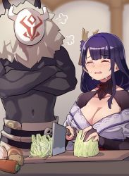 Rule 34 | 1girl, angry, blurry, blurry background, breasts, cabbage, carrot, chopping, cleavage, crossed arms, crying, cutting board, closed eyes, genshin impact, hair ornament, highres, hilichurl (genshin impact), justeeeeth, kitchen, large breasts, long hair, mole, mole under eye, potato, raiden shogun, tears