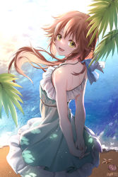 Rule 34 | 1girl, alternate costume, arms behind back, beach, blue dress, blue ribbon, brown hair, commentary, cowboy shot, dappled sunlight, dated, day, dress, eiyuu densetsu, eyelashes, falcom, floating hair, frilled dress, frills, from behind, green eyes, hair between eyes, hair ribbon, highres, leaf, long hair, looking at viewer, looking back, ocean, open mouth, outdoors, own hands clasped, own hands together, ribbon, seashell, sen no kiseki, shell, signature, sleeveless, sleeveless dress, smile, solo, starfish, sunlight, towa herschel, willfin, wind