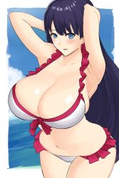Rule 34 | 1girl, absurdres, adjusting hair, armpits, arms up, bikini, black hair, blue eyes, blush, border, breasts, cleavage, cloud, cowboy shot, curvy, day, fate/grand order, fate (series), frilled bikini, frills, highres, huge breasts, long hair, looking at viewer, martha (fate), martha (swimsuit ruler) (fate), martha (swimsuit ruler) (third ascension) (fate), navel, ocean, ogura (take-monhan), outdoors, outside border, parted lips, sky, solo, standing, swimsuit, very long hair, water, white bikini, white border