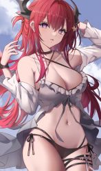 Rule 34 | 1girl, absurdres, arknights, arm up, bare shoulders, bikini, black choker, blue sky, breasts, choker, cleavage, cloud, collarbone, commentary, cowboy shot, criss-cross halter, day, detached sleeves, hair between eyes, hair ornament, halterneck, hand up, highres, horns, large breasts, long hair, looking at viewer, navel, official alternate costume, outdoors, parted lips, purple eyes, red hair, side-tie bikini bottom, sky, solo, standing, star (symbol), star hair ornament, stomach, stratoz, surtr (arknights), surtr (colorful wonderland) (arknights), swimsuit, thigh strap, thighs, very long hair