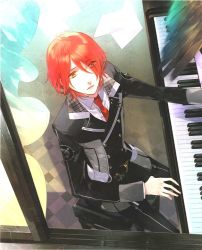 Rule 34 | 1boy, aozora hayato, curtains, instrument, male focus, necktie, piano, red eyes, red hair, solo, starry sky (game), uniform, window, wings
