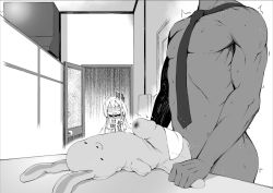 Rule 34 | 10s, 1boy, 1girl, clothed female nude male, futaba anzu, gloom (expression), greyscale, head out of frame, idolmaster, idolmaster cinderella girls, lying, male focus, monochrome, muscular, necktie, nude, object insertion, on back, open door, open mouth, penis, producer (idolmaster), shaded face, standing, stuffed animal, stuffed rabbit, stuffed toy, sweat, translation request, turn pale, twintails, u (the unko), walk-in, wet spot, what, | | |