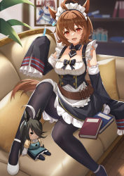 Rule 34 | 1girl, :d, agnes tachyon (umamusume), ahoge, alternate costume, animal ears, apron, bad id, bad twitter id, black pantyhose, book, breasts, brown eyes, brown hair, character doll, cleavage, couch, daiwa scarlet (umamusume), detached collar, detached sleeves, enmaided, frilled sleeves, frills, full body, hair between eyes, highres, horse ears, horse girl, horse tail, indoors, looking at viewer, maid, manhattan cafe (umamusume), medium breasts, necktie, on couch, open mouth, pantyhose, portrait (object), short hair, short necktie, sitting, sleeves past fingers, sleeves past wrists, smile, solo, tail, test tube, umamusume, vococo, waist apron, white footwear