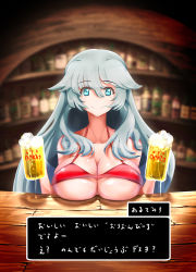 Rule 34 | 1girl, artemis (fate), bar (place), bare shoulders, bikini, blue eyes, blush, breast rest, breasts, cleavage, fate/grand order, fate (series), grey hair, highres, long hair, smile, solo, swimsuit, underboob, wavy hair
