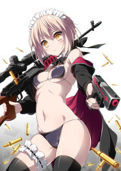 Rule 34 | 1girl, aiming, artoria pendragon (all), artoria pendragon (alter swimsuit rider) (fate), artoria pendragon (alter swimsuit rider) (second ascension) (fate), artoria pendragon (fate), bikini, black bikini, black jacket, black neckwear, black thighhighs, braid, breasts, bridal garter, contrapposto, cowboy shot, detached collar, fate/grand order, fate (series), firearm request, french braid, glock, gun, handgun, highres, jacket, long hair, looking at viewer, maid, maid bikini, maid headdress, open clothes, open jacket, rifle, saber alter, scope, shell casing, silver hair, simple background, small breasts, solo, suzuri (tennenseki), swimsuit, thighhighs, unconventional maid, weapon, white background, yellow eyes