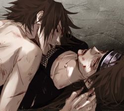 Rule 34 | 2boys, atop, black eyes, blood, brother, brothers, brown hair, cuts, death, family, injury, jewelry, lily (artist), long hair, lowres, male focus, multiple boys, naruto, naruto (series), necklace, ninja, red eyes, topless male, short hair, siblings, uchiha itachi, uchiha sasuke