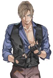 Rule 34 | 1boy, bara, belt, black belt, black gloves, blue eyes, blue shirt, brown hair, brown pants, bulletproof vest, closed mouth, collared shirt, facial hair, fingerless gloves, gloves, large pectorals, leon s. kennedy, looking at viewer, male focus, muscular, muscular male, pants, partially unzipped, pectorals, resident evil, resident evil 6, shirt, short hair, simple background, smile, solo, tatsumi (psmhbpiuczn), white background, zipper pull tab