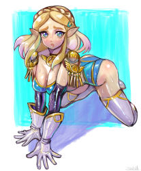 Rule 34 | 1girl, all fours, ass, blonde hair, blue background, breasts, cleavage, gloves, green eyes, hair ornament, hairclip, highres, leotard, looking at viewer, nintendo, oomasa teikoku, open mouth, pointy ears, princess zelda, short hair, solo, sweat, the legend of zelda, the legend of zelda: breath of the wild, the legend of zelda: tears of the kingdom