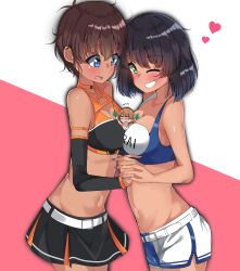 Rule 34 | 3girls, absurdres, belt, between breasts, black shirt, black skirt, black sleeves, blank eyes, blue eyes, blue shirt, blue shorts, blush, bob cut, breast press, breasts, brown hair, clothes writing, commentary, crop top, dark-skinned female, dark skin, detached sleeves, finger to mouth, flying sweatdrops, frown, girls und panzer, gloves, green eyes, green gloves, grin, groin, heart, highres, holding hands, hoshino (girls und panzer), interlocked fingers, kshimu, light frown, looking at another, looking at viewer, mini person, minigirl, miniskirt, multiple girls, navel, official alternate costume, open mouth, race queen, shirt, short hair, short shorts, shorts, skirt, smile, standing, suzuki (girls und panzer), symmetrical docking, tsuchiya (girls und panzer), two-tone shirt, two-tone shorts, v-shaped eyes, white belt, white shirt, white shorts