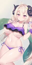 Rule 34 | 1girl, absurdres, ahoge, bare shoulders, bikini, blonde hair, breasts, cleavage, counter:side, curled horns, hands up, highres, horns, large breasts, layered bikini, long hair, looking at viewer, low twintails, lulu the nightmare, navel, parted lips, purple bikini, purple eyes, scrunchie, serin199, side-tie bikini bottom, solo, sparkling eyes, stomach, strap pull, string bikini, swimsuit, thighs, twintails, underboob, very long hair, wrist scrunchie