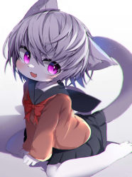 Rule 34 | 1girl, :3, absurdres, animal ear fluff, animal ears, bad id, bad twitter id, black skirt, blush, bowtie, brown cardigan, cardigan, cat ears, cat girl, cat tail, fang, female focus, furry, furry female, grey hair, highres, looking at viewer, ne (nefuraito336), open mouth, original, purple eyes, red bow, red bowtie, sailor collar, sitting, skirt, solo, tail, wariza