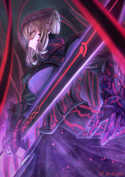 Rule 34 | 1girl, armor, armored dress, artoria pendragon (all), artoria pendragon (fate), black gloves, blonde hair, blurry, blurry foreground, closed mouth, commentary request, dated, depth of field, excalibur morgan (fate), fate/stay night, fate (series), frown, gauntlets, gloves, hair bun, highres, holding, holding sword, holding weapon, light particles, looking to the side, saber alter, sakumichi, short hair, single hair bun, solo, standing, sword, weapon, yellow eyes