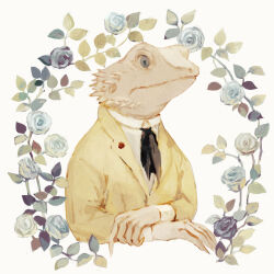 Rule 34 | animal, animal focus, ascot, bearded dragon, black ascot, blue flower, blue rose, closed mouth, clothed animal, crossed arms, flower, grey eyes, high collar, highres, jacket, lizard, no humans, original, purple flower, purple rose, rose, simple background, sleeve cuffs, slit pupils, tono (rt0no), upper body, white background, yellow jacket