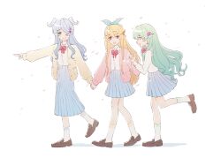 Rule 34 | aqua eyes, blonde hair, blue hair, bow, cardigan, cherry blossoms, elira pendora, finana ryugu, fins, flower, green hair, hair bow, hair flower, hair ornament, hair over one eye, hairclip, head fins, head wings, highres, holding hands, lazulight, loafers, long hair, long skirt, looking at viewer, nijisanji, nijisanji en, odette px, open cardigan, open clothes, open mouth, pink eyes, pleated skirt, pointing, pointing forward, pointy ears, pomu rainpuff, red bow, red eyes, school uniform, shoes, skirt, smile, socks, virtual youtuber, walking, wings