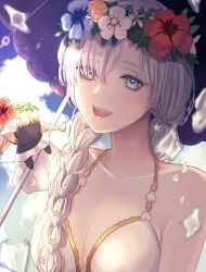 Rule 34 | 1girl, anastasia (fate), anastasia (swimsuit archer) (fate), anastasia (swimsuit archer) (second ascension) (fate), bad id, bad pixiv id, bare shoulders, blue eyes, blue sky, blush, braid, breasts, cleavage, collarbone, doll, dress, dress swimsuit, fate/grand order, fate (series), flower wreath, hair over one eye, head wreath, ice, large breasts, long hair, looking at viewer, open mouth, parasol, seki (sekixview), silver hair, sky, smile, twin braids, umbrella, very long hair, viy (fate), white dress