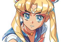 Rule 34 | 1girl, bishoujo senshi sailor moon, blonde hair, blue eyes, blue sailor collar, bow, bowtie, bright pupils, choker, crescent, crescent earrings, dated, derivative work, earrings, from side, gnrtnmart, hair ornament, heart, heart choker, highres, jewelry, meme, parted bangs, parted lips, red bow, red bowtie, red choker, sailor collar, sailor moon, sailor moon redraw challenge (meme), school uniform, screenshot redraw, serafuku, signature, simple background, solo, sweatdrop, tiara, twintails, upper body, white background