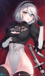 Rule 34 | 1girl, 2b (nier:automata), black gloves, black hairband, black thighhighs, blue eyes, breasts, cleavage, cleavage cutout, clothing cutout, commentary request, gloves, groin, hairband, hand up, heattech leotard, helloimtea, highres, juliet sleeves, large breasts, long sleeves, nier:automata, nier (series), puffy sleeves, short hair, solo, sword, thighhighs, turtleneck, weapon, white hair