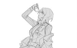 Rule 34 | 1girl, arm up, belt, coat, cup, faust (project moon), greyscale, highres, holding, holding cup, ivy (675671), limbus company, long sleeves, monochrome, open mouth, pants, project moon, ribbed sweater, short hair, solo, sweater, turtleneck, turtleneck sweater, vest