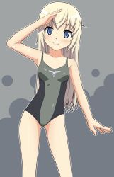 Rule 34 | 00s, 1girl, artist request, blonde hair, blue eyes, helma lennartz, highres, long hair, non-web source, one-piece swimsuit, salute, smile, solo, strike witches, strike witches: suomus misfits squadron, swimsuit, world witches series