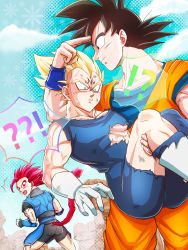 Rule 34 | !?, 3boys, anger vein, ass, back, bara, black bodysuit, black hair, blonde hair, blue bodysuit, blush, bodysuit, boots, carrying, carrying person, closed mouth, cloud, day, dougi, dragon ball, dragon ball legends, dragon ball super, dragonball z, facial mark, fuoore (fore0042), gloves, green eyes, highres, large pectorals, looking at another, majin vegeta, monkey tail, multiple boys, muscular, muscular male, nipples, open mouth, outdoors, pectorals, princess carry, red eyes, red hair, saiyan, saiyan armor, shallot (dragon ball), sky, smile, son goku, spiked hair, super saiyan, super saiyan 2, super saiyan god, surprised, tail, torn bodysuit, torn clothes, vegeta, white gloves