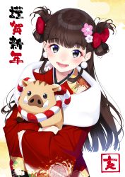 Rule 34 | 1girl, :d, absurdres, animal, bad id, bad pixiv id, blue eyes, blush, boar, bow, chinese zodiac, earrings, floating hair, flower, fur, hair bow, hair flower, hair ornament, hair rings, highres, holding, holding animal, japanese clothes, jewelry, kimono, long hair, long sleeves, looking at viewer, nezumidoshi, nose blush, open mouth, original, pom pom (clothes), pom pom earrings, print kimono, red bow, red kimono, rope, round teeth, shimenawa, smile, solo, straight hair, tareme, teeth, upper body, white background, wide sleeves, year of the pig