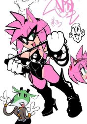 Rule 34 | 1girl, amy rose, animal ears, black footwear, boots, breasts, cat ears, cleavage, dominatrix, gloves, green eyes, large breasts, leotard, long hair, pink hair, solo, sonic (series), tail, thighhighs, watatanza, whip