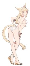 Rule 34 | 10s, 1girl, ;), animal ears, arched back, ass, bad id, bad pixiv id, bangle, bare legs, bikini, blonde hair, bracelet, breasts, facial mark, final fantasy, final fantasy xiv, full body, hairband, hand on own hip, hand on own thigh, highres, jewelry, jionghai, leaning forward, long hair, looking at viewer, looking back, medium breasts, miqo&#039;te, one eye closed, sandals, side-tie bikini bottom, sideboob, simple background, smile, solo, standing, strap gap, swept bangs, swimsuit, tail, white background, white bikini