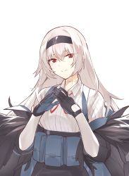 Rule 34 | ammunition pouch, black hairband, black jacket, black legwear, black skirt, closed mouth, collared shirt, eyes visible through hair, fingers together, floating hair, from side, girls&#039; frontline, gloves, hair between eyes, hairband, hand to neck, inxst, jacket, long hair, long sleeves, looking at viewer, neck ribbon, neck stitches, off shoulder, pouch, red eyes, red ribbon, ribbon, scar, scar on neck, shirt, shoes, sidelocks, silver hair, simple background, skirt, smile, stitched neck, stitches, striped clothes, striped shirt, thunder (girls&#039; frontline), very long hair, white background, white shirt