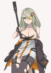Rule 34 | 1girl, black gloves, black jacket, black pantyhose, breasts, cleavage, closed mouth, collarbone, commission, dress, fingerless gloves, girls&#039; frontline, gloves, green eyes, green hair, gun, hair ornament, hair over one eye, hairclip, holding, holding gun, holding weapon, jacket, large breasts, light blush, long hair, long sleeves, looking at viewer, pantyhose, pixiv commission, rifle, sniper rifle, solo, tab (tabkun), tac-50, tac-50 (girls&#039; frontline), thigh strap, torn clothes, torn dress, torn pantyhose, weapon