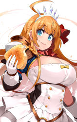 Rule 34 | 1girl, ahoge, blue eyes, braid, breasts, commentary, dated, eating, food, food on face, food request, gloves, hair ribbon, happa (cloverppd), highres, large breasts, long hair, looking at viewer, orange hair, pecorine (princess connect!), princess connect!, red ribbon, ribbon, signature, simple background, skirt, smile, solo, tiara, white gloves, white skirt