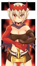 Rule 34 | 1girl, bandeau, belt, black skirt, blush, breasts, cape, cleavage, cougar (cougar1404), dragon: marked for death, dragon head, elbow gloves, empress (dmfd), female focus, fingerless gloves, fire, frown, gloves, hair between eyes, hand on sword, headgear, looking at viewer, medium breasts, midriff, miniskirt, outside border, planted, planted sword, planted weapon, red eyes, scar, scar on face, short hair, silver hair, skirt, sword, torn cape, torn clothes, weapon