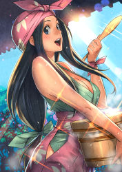 Rule 34 | 1girl, absurdres, artist request, bare shoulders, black hair, blue eyes, breasts, cleavage, day, green ribbon, green shirt, hakama, hakama skirt, highres, holding, japanese clothes, large breasts, lipstick, long hair, looking at viewer, low-tied long hair, makeup, open mouth, outdoors, pink hakama, red lips, ribbon, shirt, skirt, smile, solo, standing, toukiden, very long hair