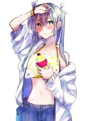 Rule 34 | 1girl, absurdres, bare shoulders, bikini, bikini top only, blue pants, blush, bottle, bracelet, breasts, cowboy shot, hair between eyes, hair ribbon, hand over face, highres, holding, holding bottle, jewelry, kantai collection, looking at viewer, midriff, mochiko (mocchikkoo), navel, pants, ribbon, simple background, small breasts, solo, sweat, sweater, swimsuit, twintails, white background, white ribbon, white sweater, yellow bikini, zuikaku (kancolle)