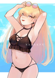 Rule 34 | 1girl, aaoshigatoutoi, absurdres, alternate costume, armpits, arms up, bikini, blonde hair, breasts, cleavage, earrings, eyewear on head, girls&#039; frontline, hair ornament, hairclip, halterneck, highres, jewelry, licking lips, long hair, looking at viewer, medium breasts, navel, ppk (girls&#039; frontline), sky, solo, sunglasses, swimsuit, tongue, tongue out, yellow eyes
