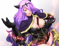 Rule 34 | 1girl, armor, artist name, between breasts, black armor, black panties, blurry, breasts, camilla (fire emblem), capelet, cleavage, commentary request, fake horns, fire emblem, fire emblem fates, gauntlets, gradient background, hair ornament, hair over one eye, hand on own hip, hand up, highres, horns, jewelry, large breasts, lips, long hair, long sleeves, looking at viewer, nintendo, panties, parted lips, purple hair, red eyes, shiny skin, shoulder pads, signature, simple background, smile, solo, tiara, tombsakura, underwear