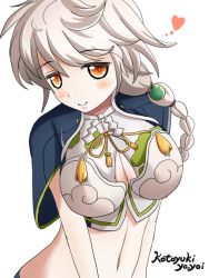 Rule 34 | 10s, 1girl, alternate eye color, breasts, cleavage cutout, clothing cutout, cloud print, crop top, hair ornament, heart, kantai collection, large breasts, leaning forward, looking at viewer, midriff, navel, orange eyes, silver hair, smile, solo, unryuu (kancolle), v arms, wavy hair, yayoi kotoyuki
