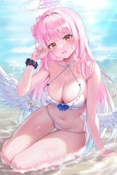 Rule 34 | 1girl, absurdres, alternate costume, arm support, bikini, blue archive, braid, breasts, cleavage, day, feathered wings, hair intakes, halo, halterneck, hand up, highres, kerze, large breasts, long hair, looking at viewer, low wings, mika (blue archive), navel, ocean, open mouth, outdoors, pink hair, pink halo, scrunchie, shallow water, single braid, sitting, smile, solo, stomach, swimsuit, thigh gap, thighs, water, wet, white bikini, white wings, wing ornament, wings, wrist scrunchie, yellow eyes