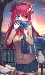 Rule 34 | 1girl, ahoge, bad id, bad pixiv id, bag, black thighhighs, blue eyes, blue scarf, blue skirt, blush, bow, brown cardigan, cardigan, cloud, commentary request, covered mouth, crescent, crescent hair ornament, demon horns, hair between eyes, hair intakes, hair ornament, hands up, has bad revision, has cropped revision, heterochromia, highres, holding strap, horns, long hair, long sleeves, miya (tokumei), nijisanji, outdoors, pleated skirt, railing, red bow, red eyes, red hair, scarf, school bag, school uniform, skirt, sky, snow, snowman, solo, sunset, thighhighs, tree, two side up, very long hair, virtual youtuber, yuzuki roa