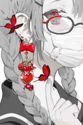 Rule 34 | 1girl, apple, bow, braid, bug, butterfly, butterfly on hand, covered mouth, ear bow, earrings, eyelashes, fingernails, flower, flower in eye, food, fruit, gem, glasses, greyscale, hair ornament, hairclip, head out of frame, heart, highres, index finger raised, insect, jewelry, karo (karohroka), linked piercing, long hair, looking at viewer, mask, monochrome, mouth mask, original, piercing, portrait, red bow, red butterfly, red flower, red gemstone, red rose, red theme, rose, school uniform, serafuku, simple background, solo, spot color, symbol in eye, twin braids, twintails, x hair ornament