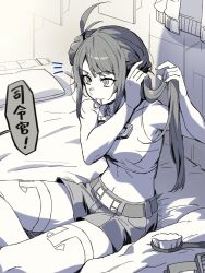 Rule 34 | 1girl, bed, belt, breasts, from side, greyscale, hair bun, hair tie in mouth, highres, jewelry, kotobukiya bishoujo, looking ahead, matrix of leadership, medium breasts, midriff, monochrome, mouth hold, navel, necklace, optimus prime, optimus prime (kotobukiya bishoujo), pillow, sa buroo, short shorts, shorts, single hair bun, single side bun, solo, speech bubble, thighhighs, transformers, translation request, tying hair, v-shaped eyebrows