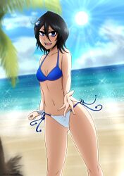 Rule 34 | 1girl, absurdres, beach, bikini, black hair, bleach, blue eyes, blush, breasts, highres, kuchiki rukia, looking at viewer, mistowing, navel, ocean, open mouth, outdoors, short hair, small breasts, smile, solo, swimsuit